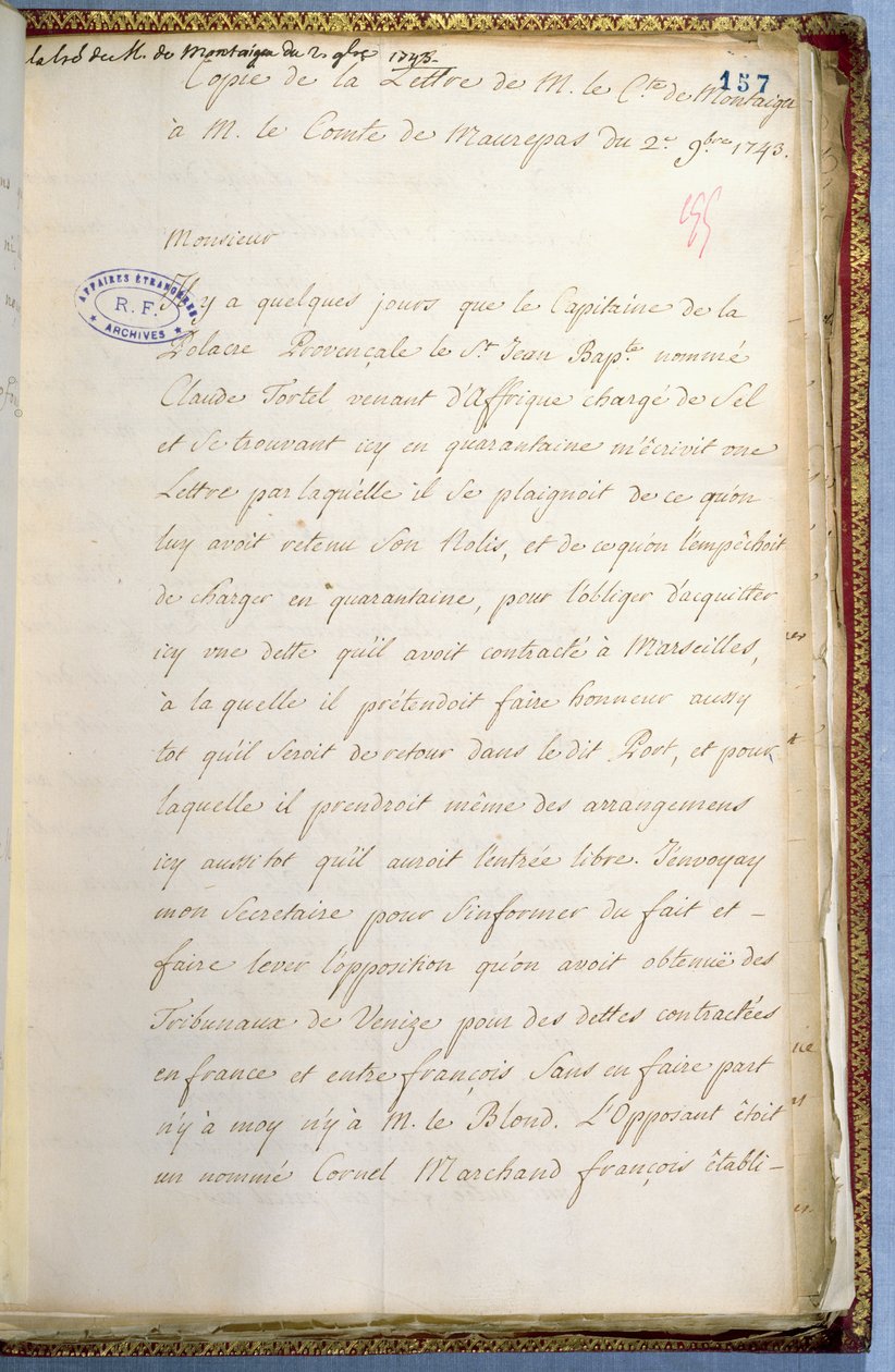Jean-Jacques Rousseau levele, a velencei francia nagykövet titkára, 1743. október alkotó: Jean Jacques Rousseau