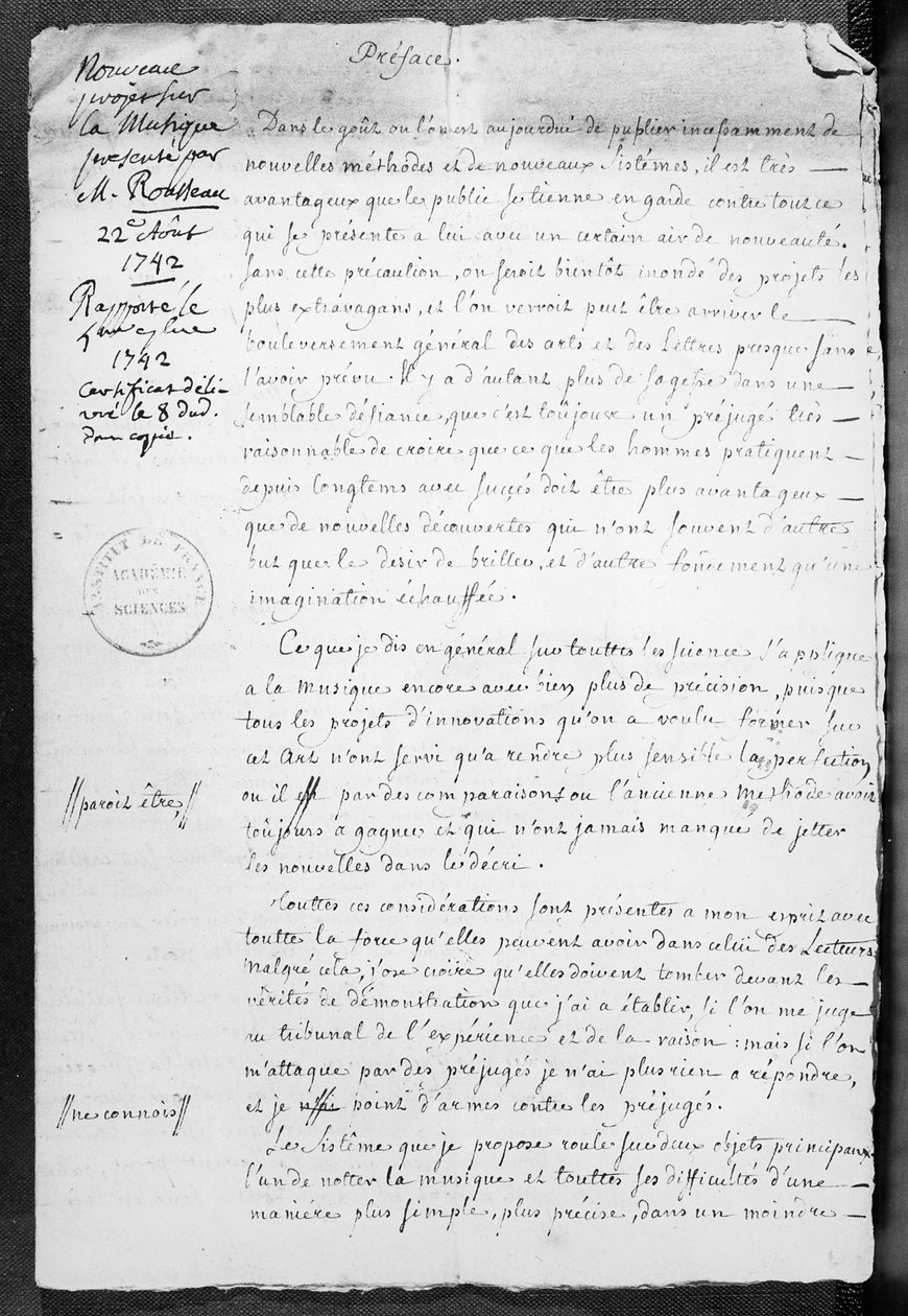 Jean-Jacques Rousseau által az Academie des Sciences számára 1742. augusztus 22-én bemutatott kottaírási projekt alkotó: Jean Jacques Rousseau