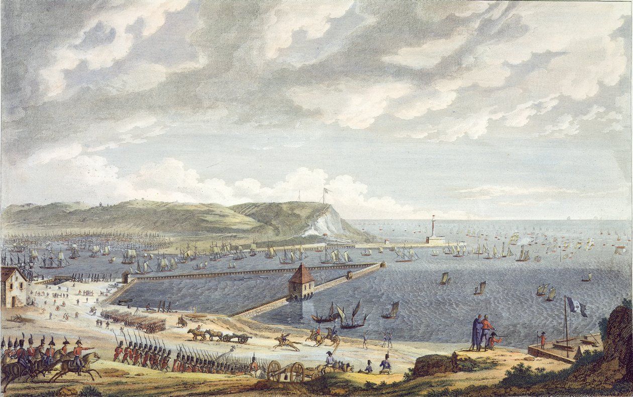 Kilátás a kikötőre és a boulogne-i Roadsteadre a flotilla indulásakor, 1803. augusztus 16., vésette: Louis Francois Couche (1782-1849) (akvatinta) alkotó: Jean Jerome Baugean