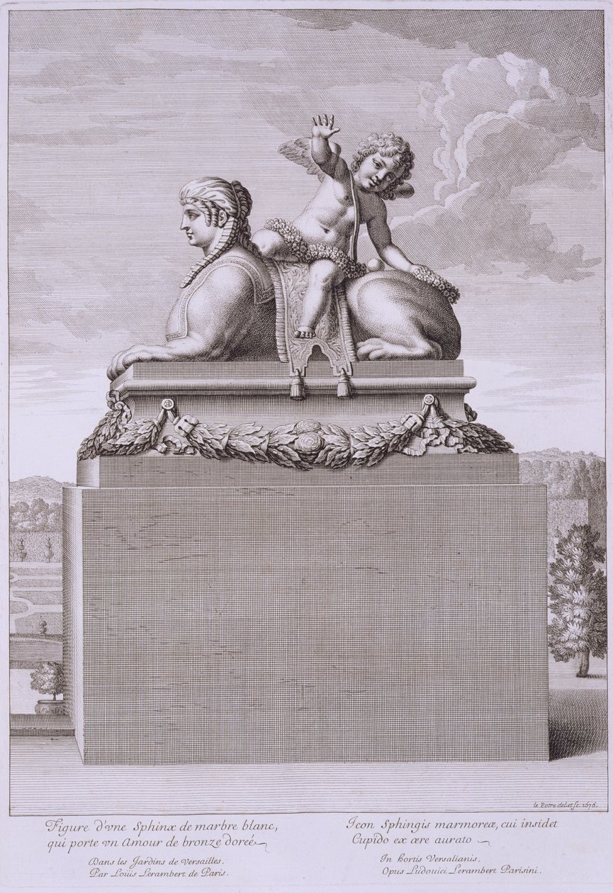 Fehér márvány szfinx figurája, bronz Cupidót hordozó Versailles-ban, 1676, a „Vues et Plans de Versailles”-ból, 1676-89 körül. alkotó: Jean Lepautre