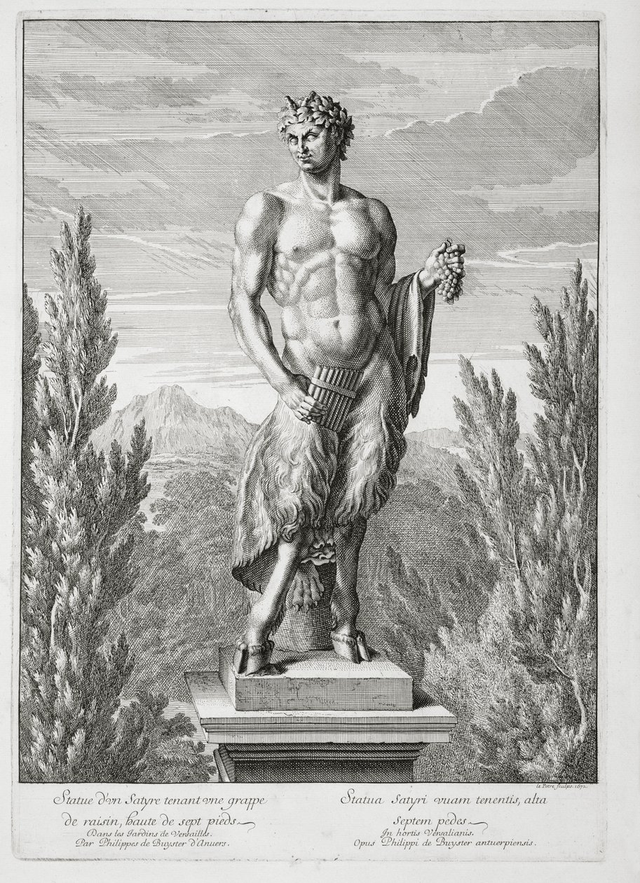Egy szőlőfürtöt tartó szatír szobra, Versailles, 1672, a Vues et Plans de Versailles-ból, 1672-89 körül megjelent alkotó: Jean Lepautre