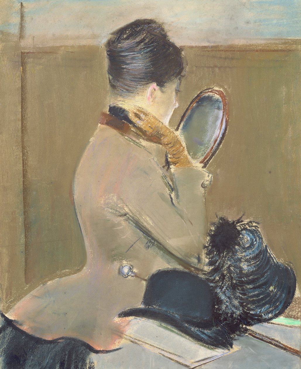 A Millinernél, 1885 körül (pasztell, a táblára fektetett papíron) alkotó: Jean Louis Forain