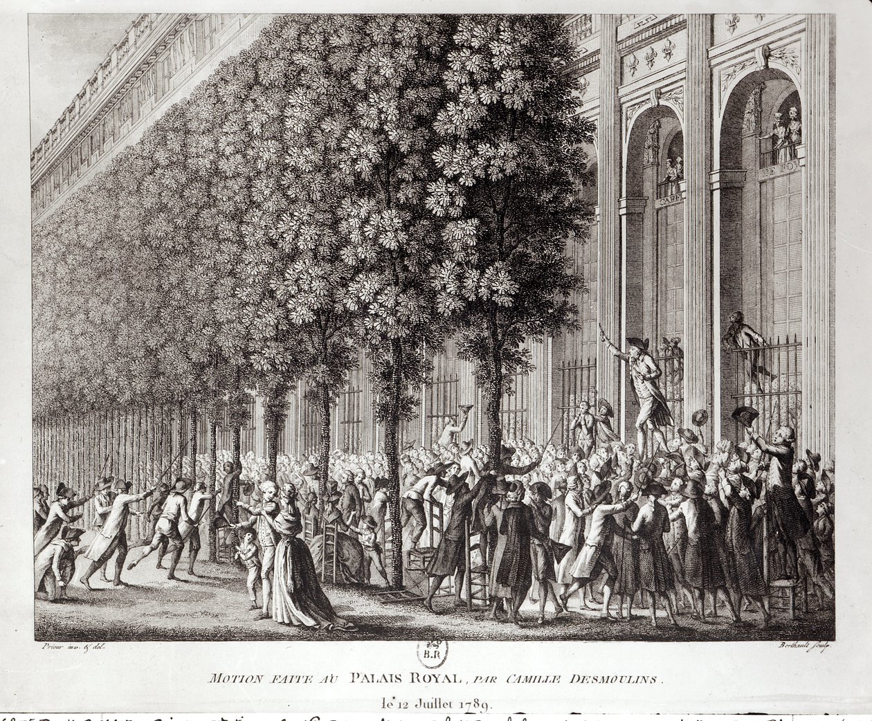 Camille Desmoulins (1760-94) beszéde a Palais Royalban, 1789. július 12-én, vésette Pierre Gabriel Berthault (1737-1831) alkotó: Jean Louis the Younger Prieur