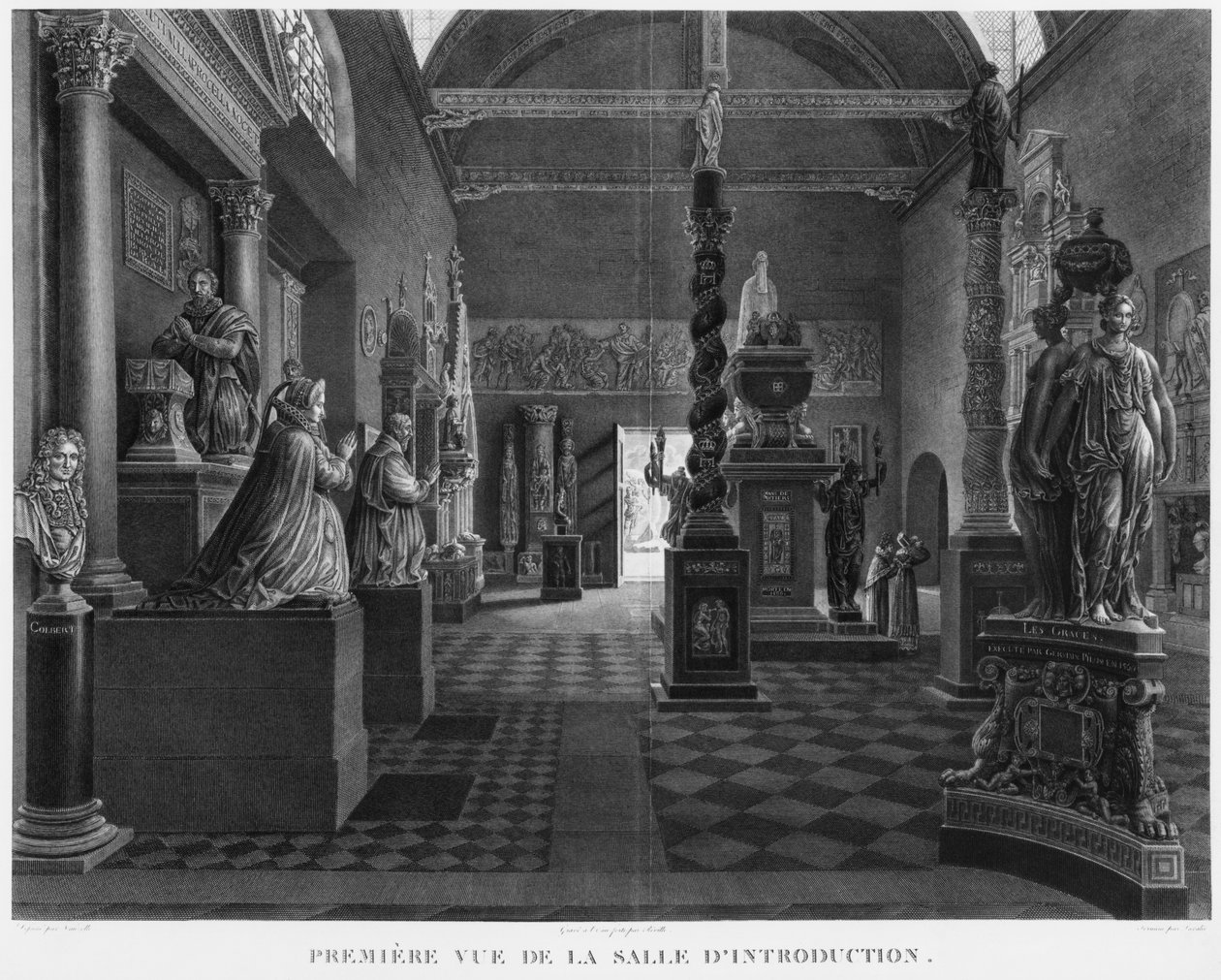 A bevezető terem első képe, Musee des Monuments Francais, Párizs, illusztráció a "Musee des Monuments Francais szobáinak festői kilátásai és perspektívái és a főbb munkák..." alkotó: Jean Lubin Vauzelle
