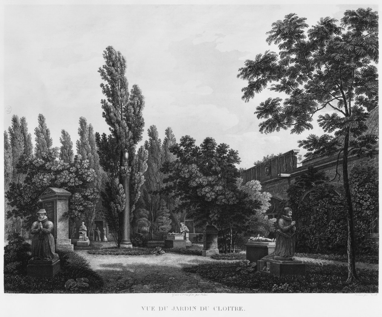 A kolostor kertje, Musee des Monuments Francais, Párizs, illusztráció a „Musee des Monuments Francais szobáinak festői kilátásai és perspektívái és a főbb alkotások…” című művéből, metszett: alkotó: Jean Lubin Vauzelle