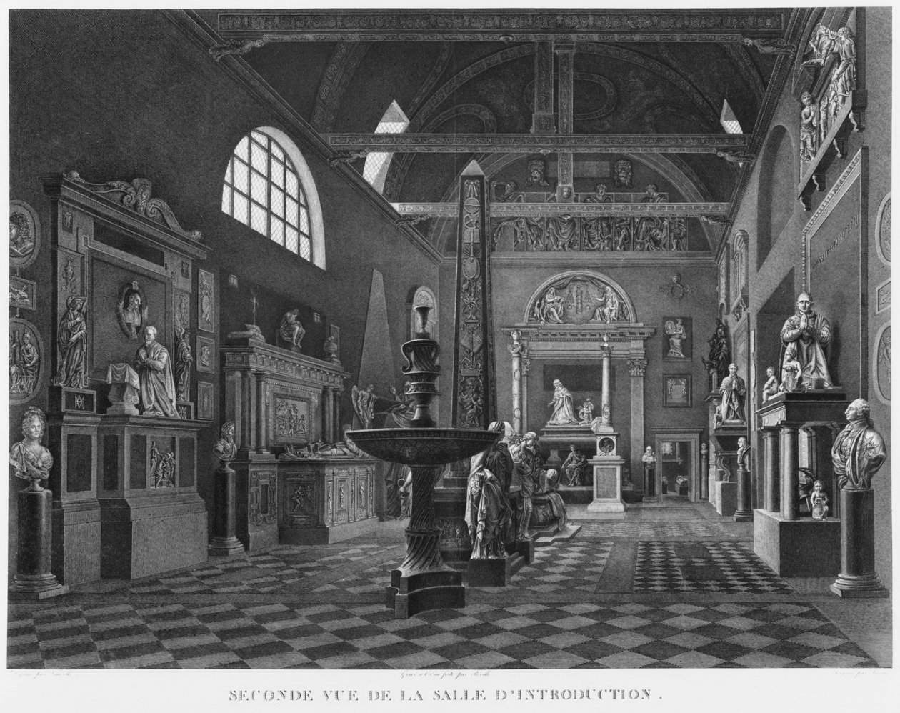 Második nézet a bevezető teremről, a Musee des Monuments Francais, Párizs, illusztráció a "Fenyezeti kilátások és perspektívák a Musee des Monuments Francais szobáiról és a fő művekről... alkotó: Jean Lubin Vauzelle