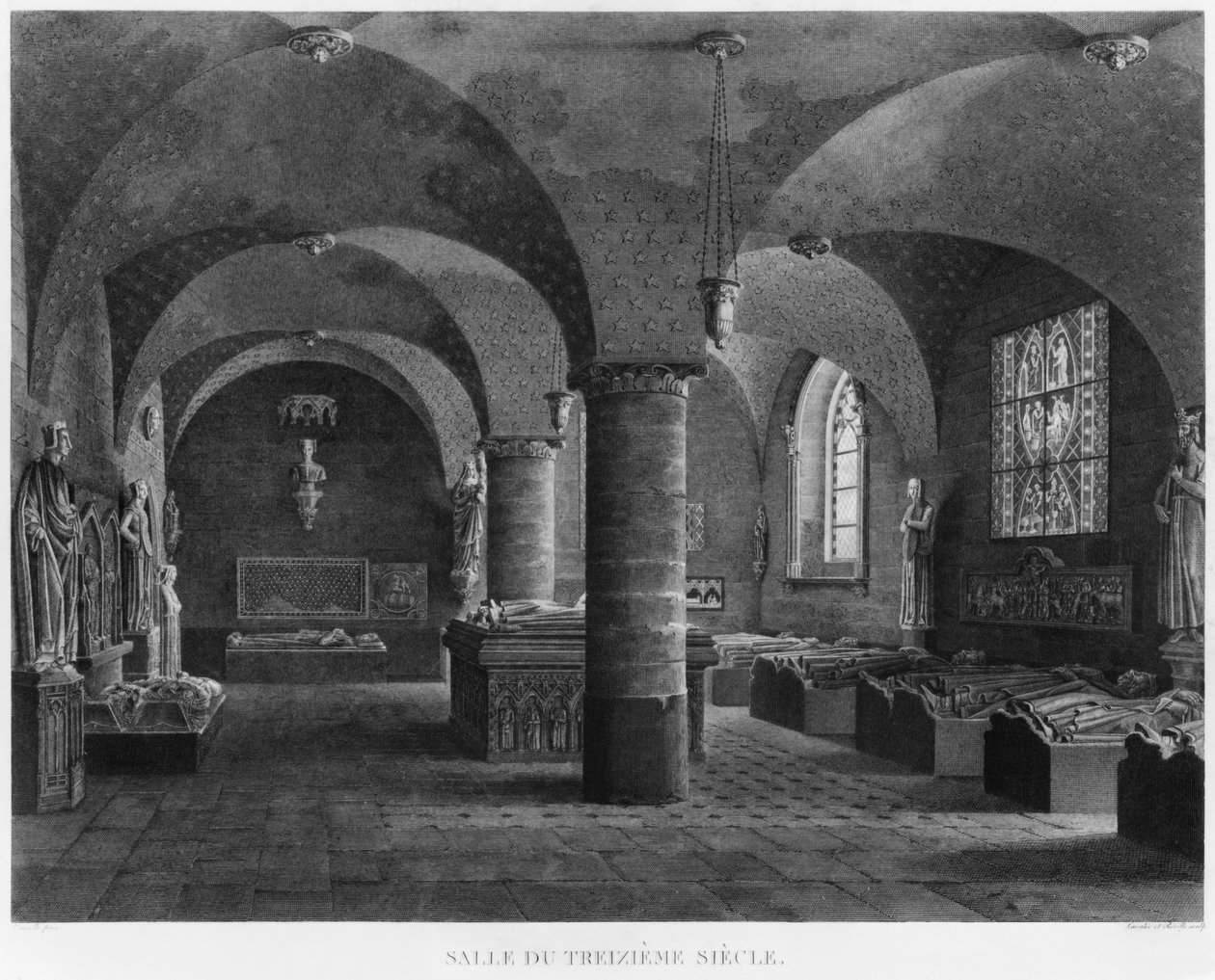 A 13. századi szoba, Musee des Monuments Francais, Párizs, illusztráció a "Musee des Monuments Francais szobáinak festői kilátásai és perspektívái és a főbb alkotások..." című művéből, metszett: alkotó: Jean Lubin Vauzelle