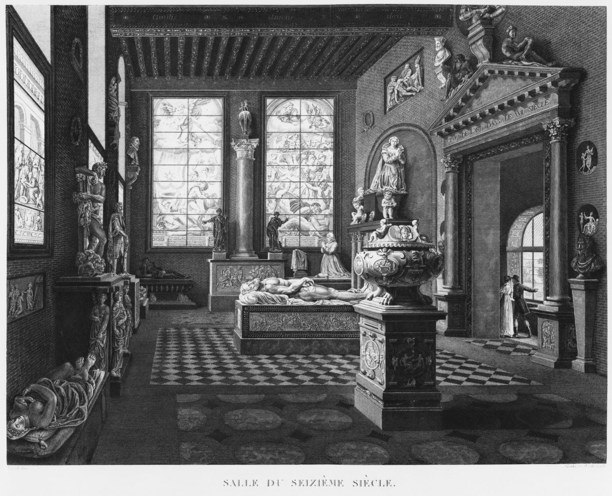 A 16. századi szoba, Musee des Monuments Francais, Párizs, illusztráció a "Musee des Monuments Francais szobáinak festői kilátásai és perspektívái és a főbb alkotások ..." című művéből, metszett: alkotó: Jean Lubin Vauzelle
