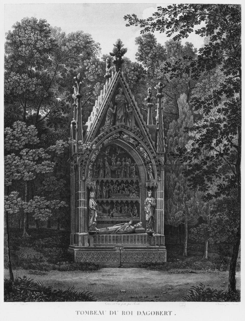 Dagobert király sírja, Musee des Monuments Francais, Párizs, illusztráció a „Musee des Monuments Francais szobáinak festői kilátásai és perspektívái, valamint a főbb alkotások...” című könyvből, metszett: alkotó: Jean Lubin Vauzelle