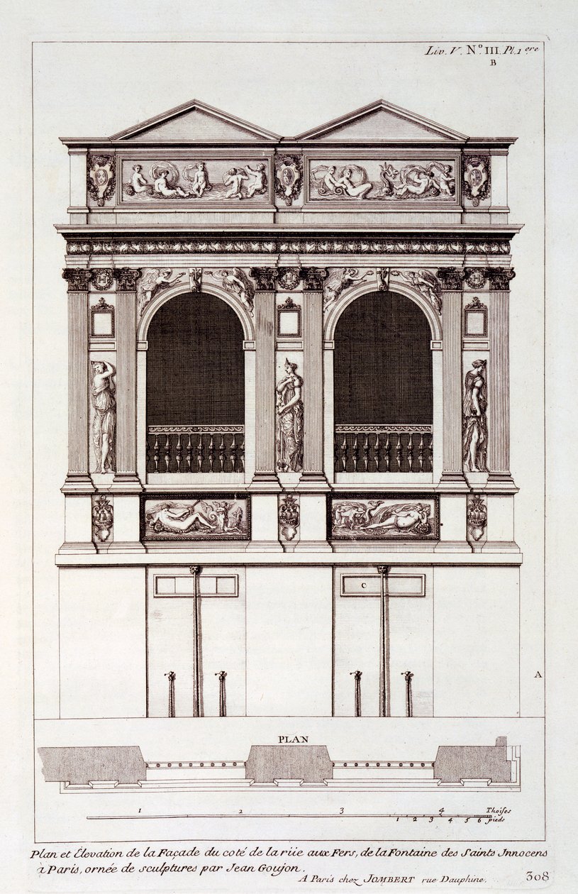 Fontaine des Innocents, Párizs, Jacques-Francois Blondel „Architecture Francoise” című művéből, 1727 alkotó: Jean Mariette