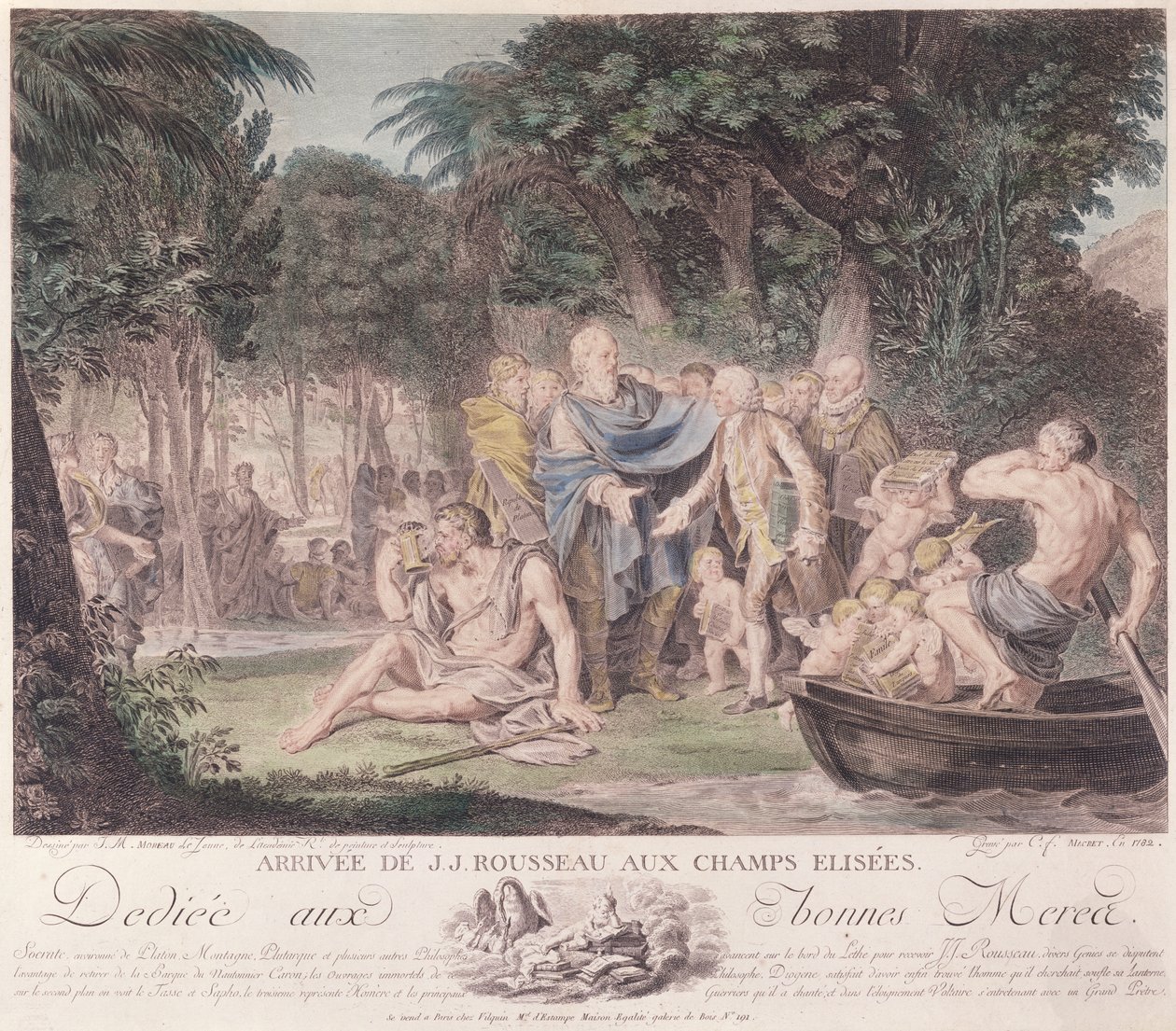 Jean-Jacques Rousseau (1712-78) érkezése az Elysian Fieldsre, 1782 (színes metszet) alkotó: Jean Michel the Younger Moreau