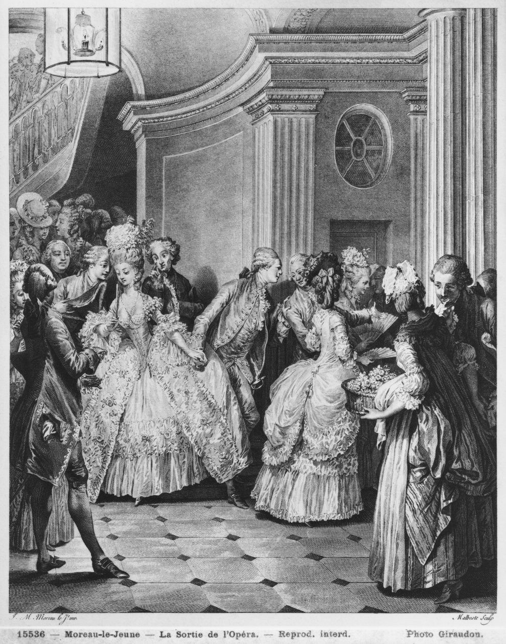 Az Operából kilépve, Georges Malbeste vagy Malbete metszete (1743-1809) alkotó: Jean Michel the Younger Moreau