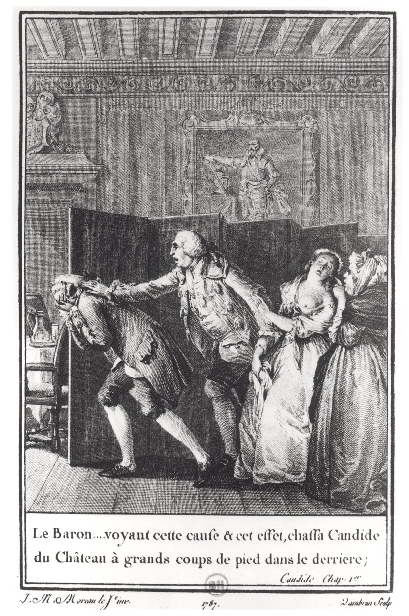 "Le Baron...chassa Candide du Chateau a grands coups de pied dans le derriere", illusztráció Francois Voltaire (1694-1778) "Candide" című művének 1. fejezetéből, metszette Jean Dambrun (1741-1808) 1787 (e alkotó: Jean Michel the Younger Moreau