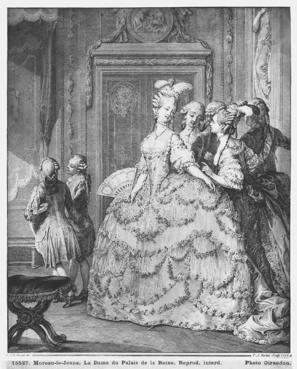 A hölgy a Palais de la Reine-ban, metszet: Pietro Antonio Martini (1739-97) 1777 alkotó: Jean Michel the Younger Moreau