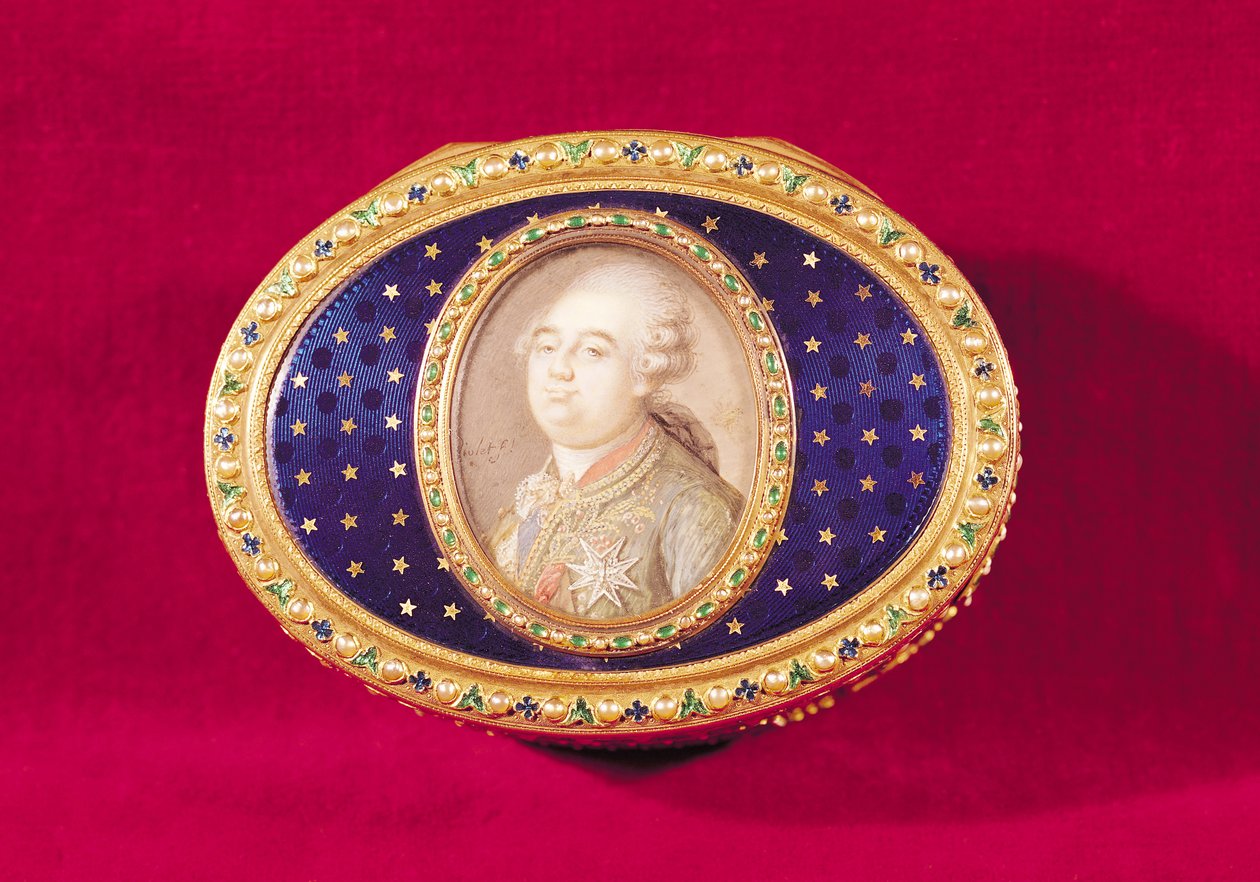 Pierre Noel Violet (1749-1819) 1780 (arany, zománc, gyöngyök és smaragdok) 16. Lajos (1754-93) portré miniatűrjével, elefántcsontra festett szippantódoboz (1749-1819) alkotó: Jean Nicolas Meuniere