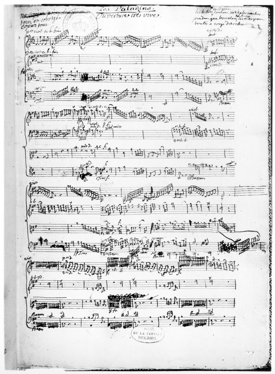 Rameau „Les Paladins” című operájának partitúrájának nyitólapja alkotó: Jean Philippe Rameau