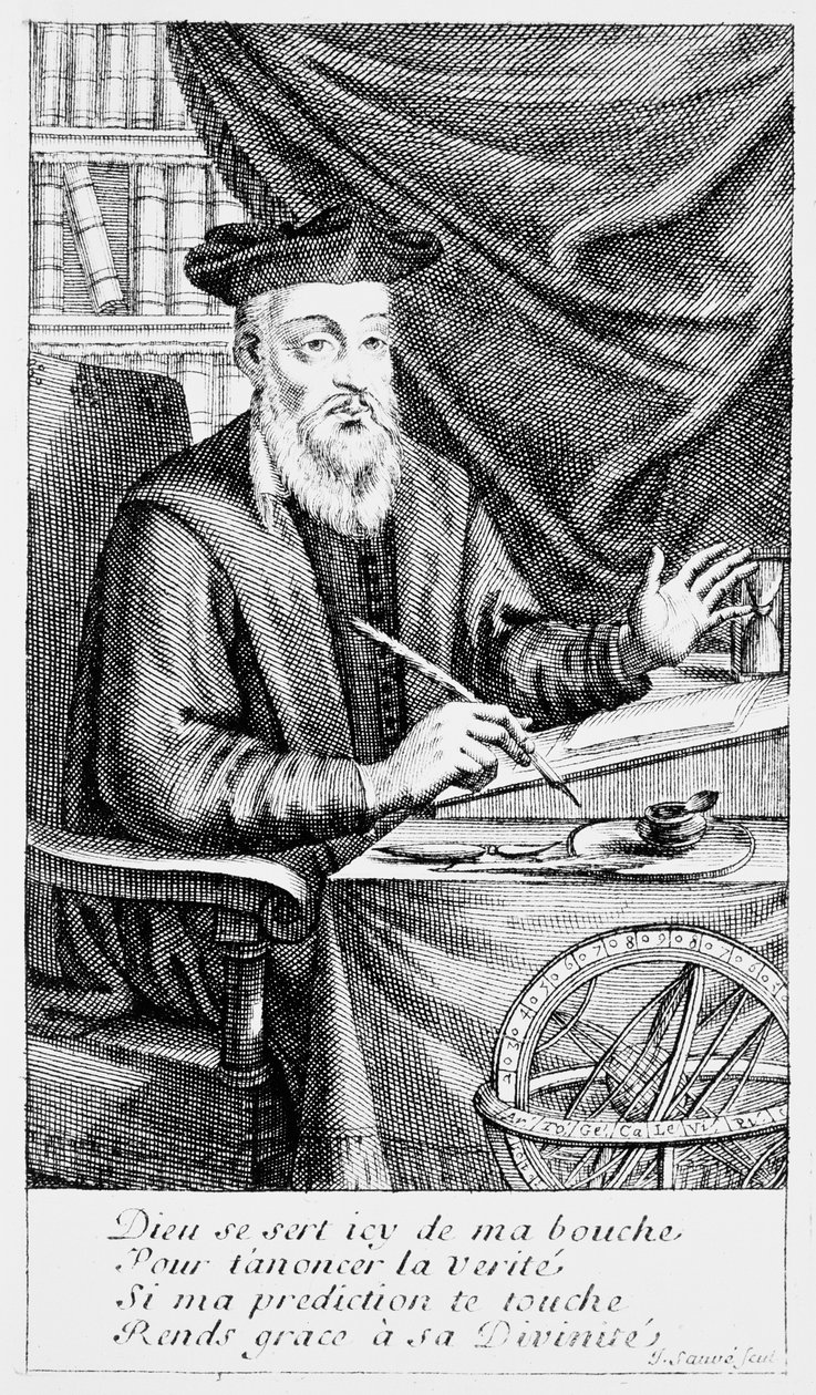 Nostradamus írja a próféciáit (bw-metszet) alkotó: Jean Sauvé