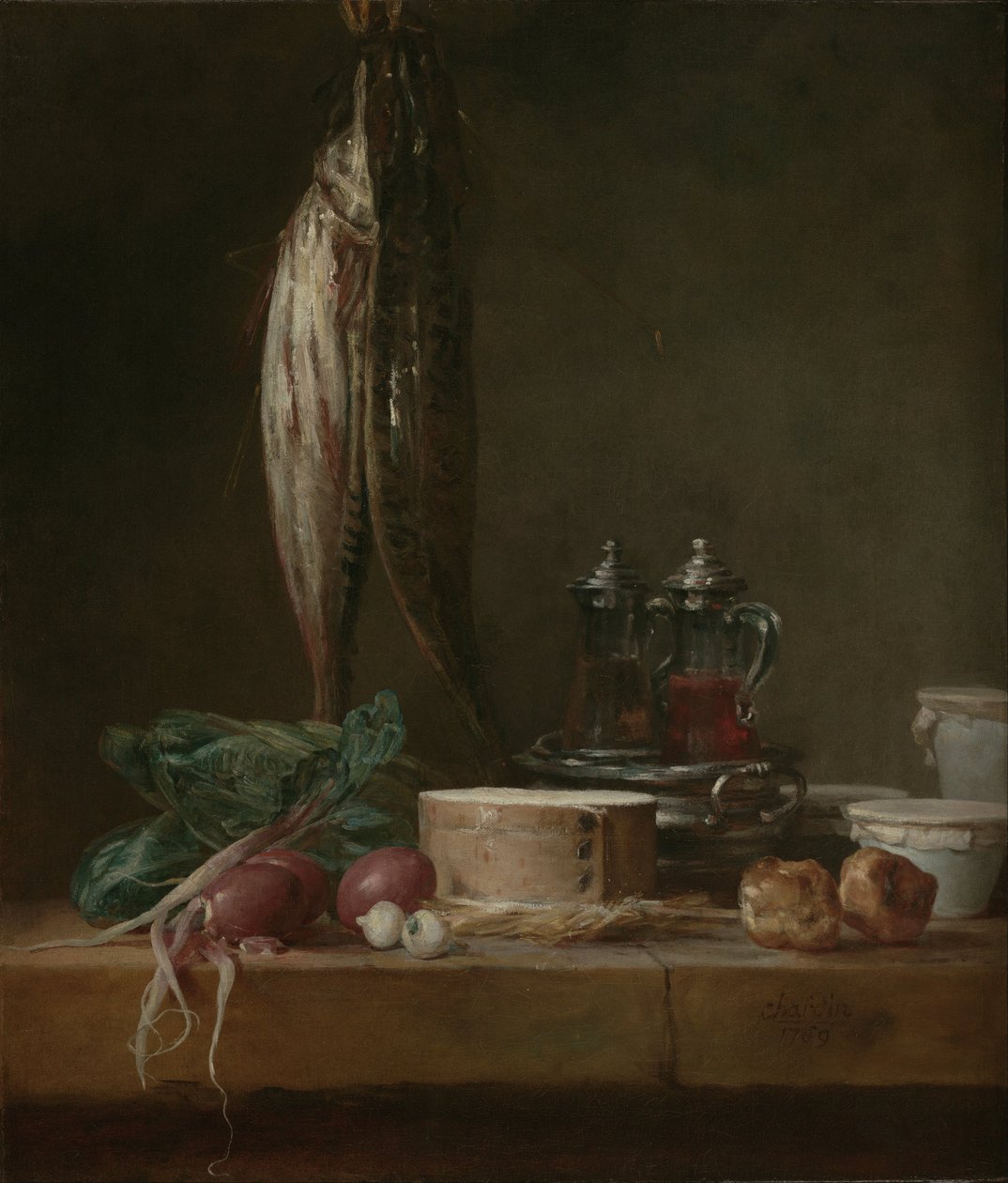Csendélet halakkal, zöldségekkel, Gougères -vel, edényekkel és kecskékkel az asztalon alkotó: Jean Baptiste Simeon Chardin