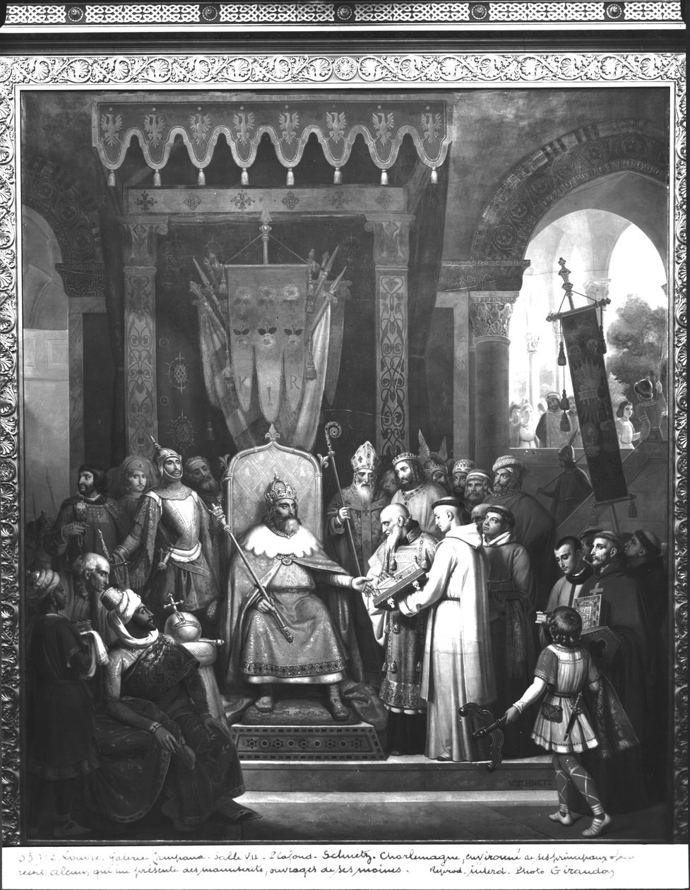 Nagy Károly császár (747-814) főtisztjeitől körülvéve, fogadja Alcuint (735-804 körül), aki szerzetesei által készített néhány kéziratot mutat be alkotó: Jean Victor Schnetz