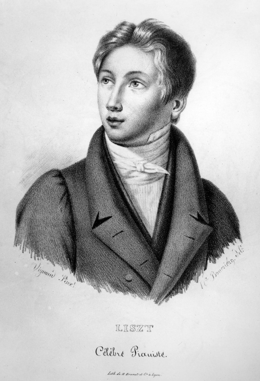 Liszt Ferenc (1811-86) fiú portréja, metszet: Numa Boucoiran (1805-69) alkotó: Jean Vignaud