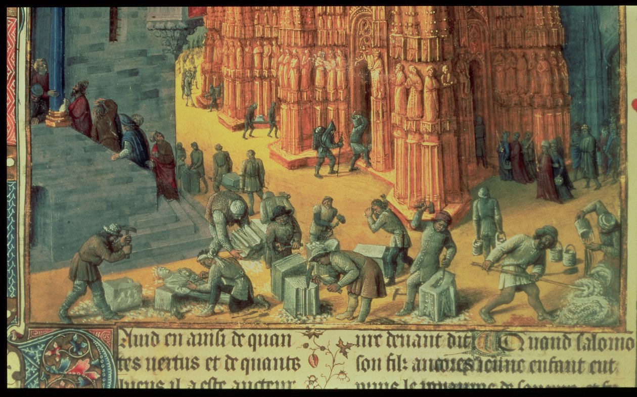 Fr 847 f.153 A jeruzsálemi templom építése, a kőműveseket munka közben ábrázoló részlet, illusztráció az "Antiquites Judaiques"-ból, 1470-76 körüli évek alkotó: Jean Fouquet