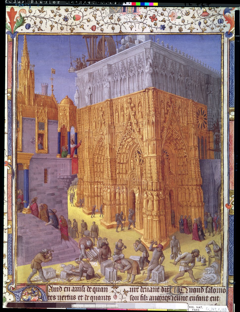 Ms Fr 247 f.153v A jeruzsálemi templom építése, illusztráció az "Antiquites Judaiques"-ból, 1470 körül. alkotó: Jean Fouquet