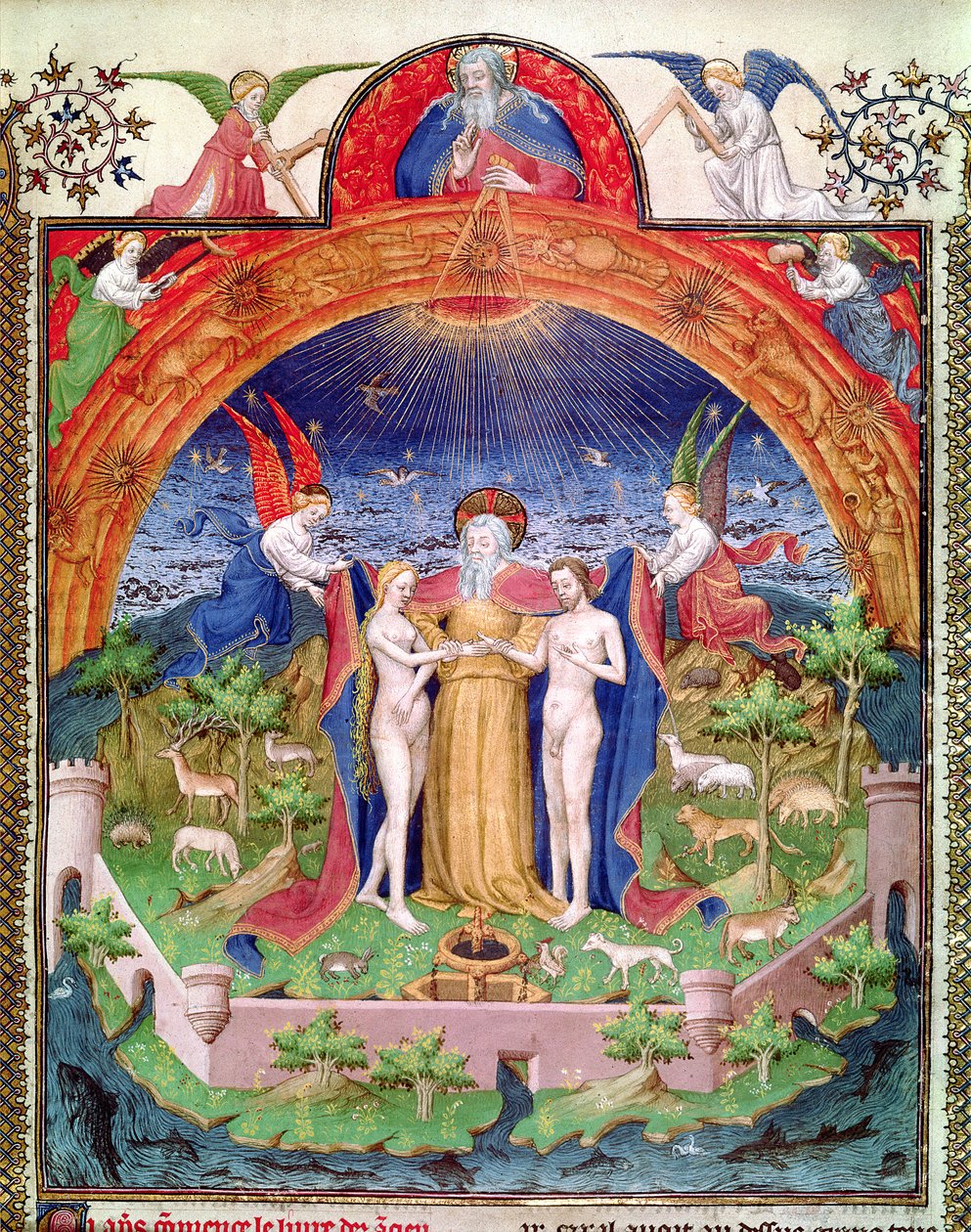Ms Fr 247 f.3 A teremtés, Isten bemutatja Ádámot és Évát, illusztráció az "Antiquites Judaiques"-ból, 1470 körül. alkotó: Jean Fouquet