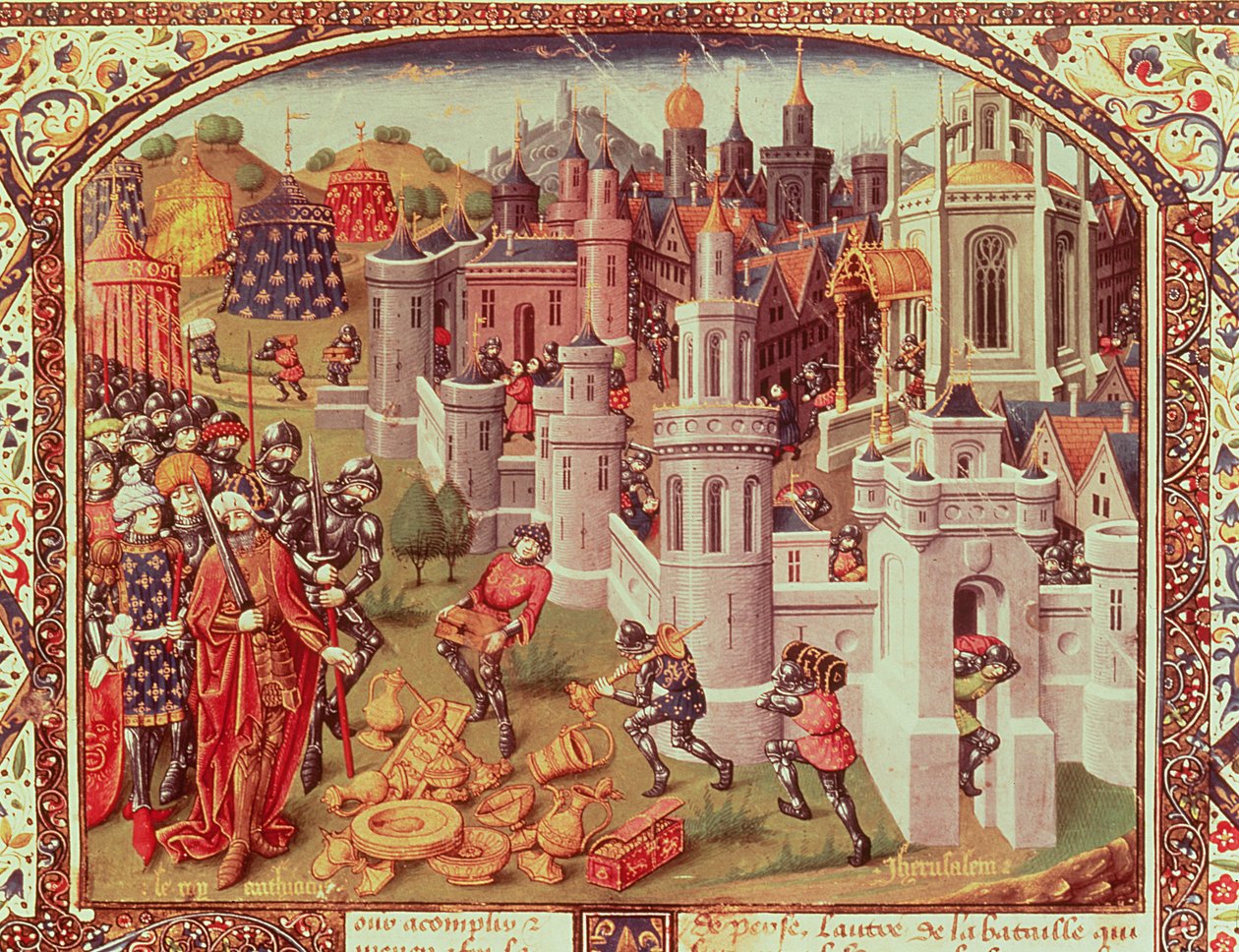 Fr.20124 f.331 Jeruzsálem kifosztása a keresztények 1099-es elfoglalása után, megvilágított miniatűr egyetemes krónikából, 1440 alkotó: Jean de Courcy