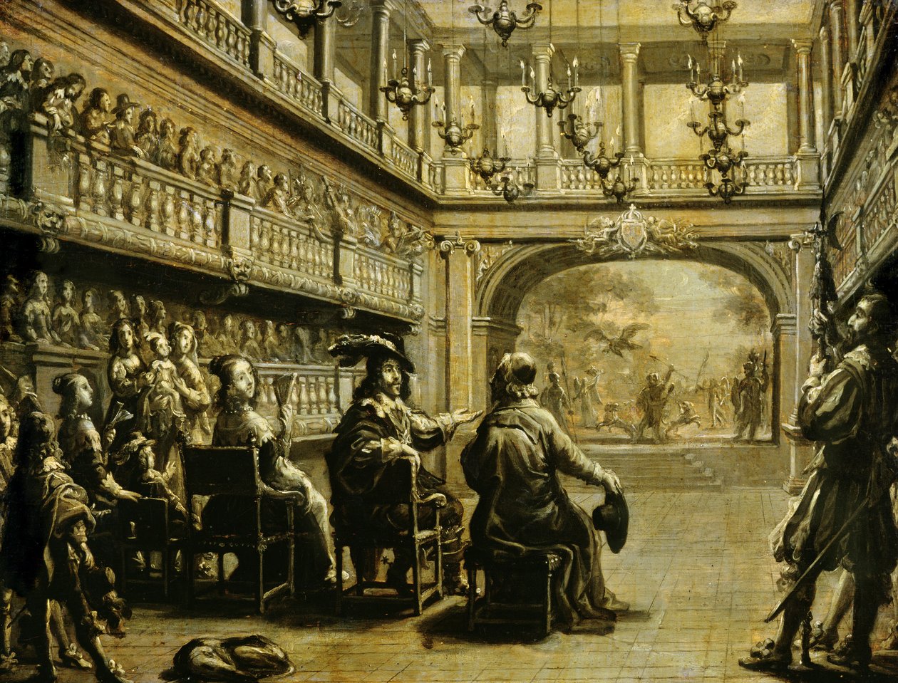 XIII. Lajos (1601-43) Ausztriai Anna (1601-66) és Richelieu bíboros (1585-1642) J. Desmarest de Saint-Sorlin drámájának, a Mirame-nek a rendezésénél a Palais Cardinalban (ma Palais Royal) ) Párizs alkotó: Jean de Saint Igny