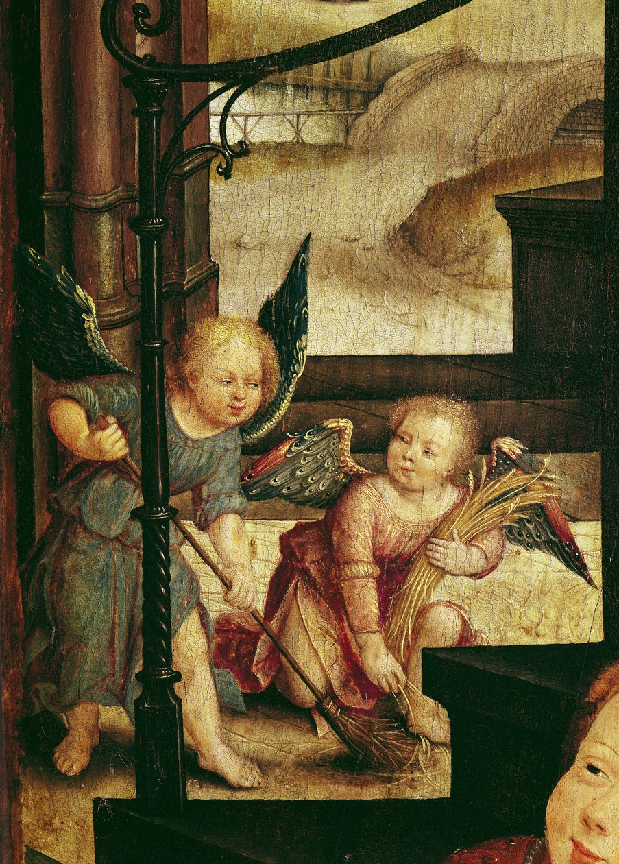 A Gyermekimádat triptichonja, két angyal részlete a jobb oldali panelről, 1529 alkotó: Jean the Elder Bellegambe
