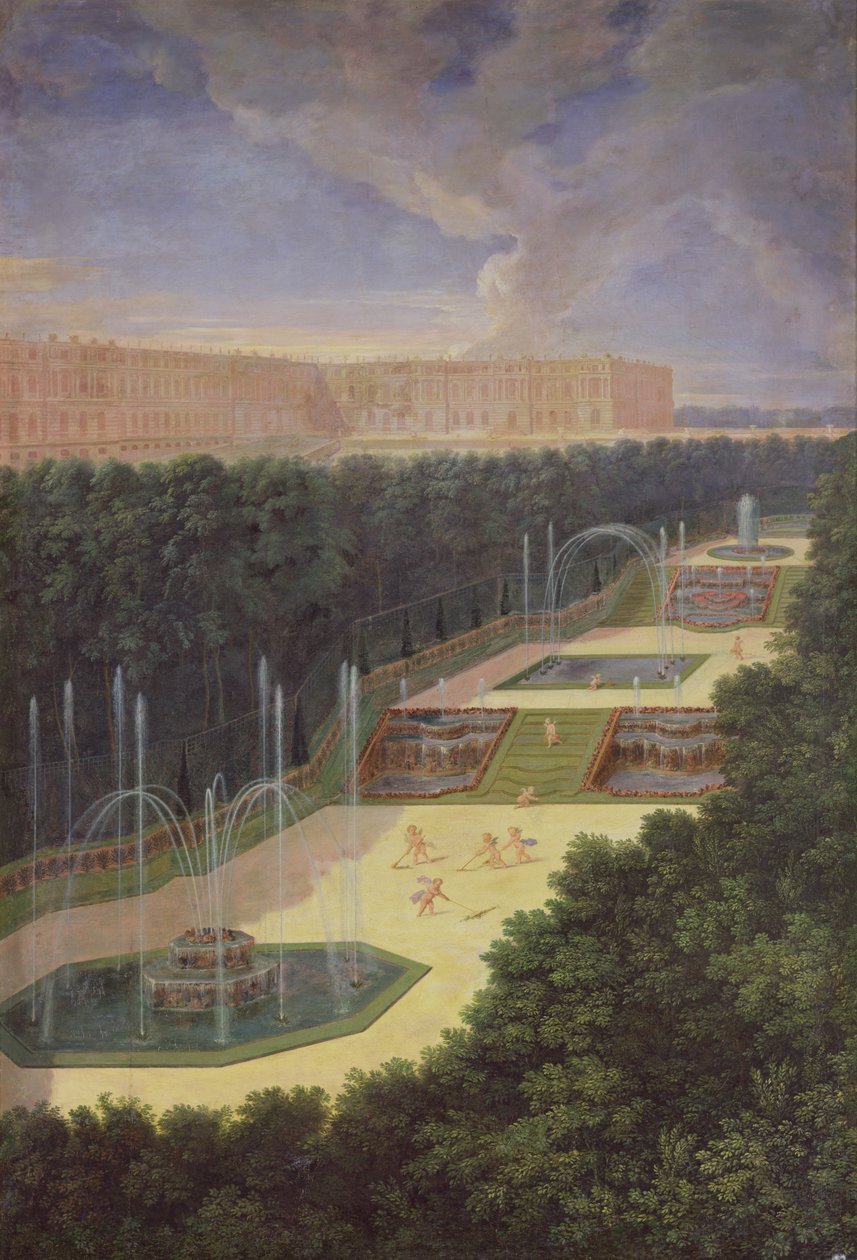 Versailles-i ligetek, perspektivikus nézet a három szökőkútra, kerubok gereblyézői és öntözői, 1688 alkotó: Jean the Younger Cotelle