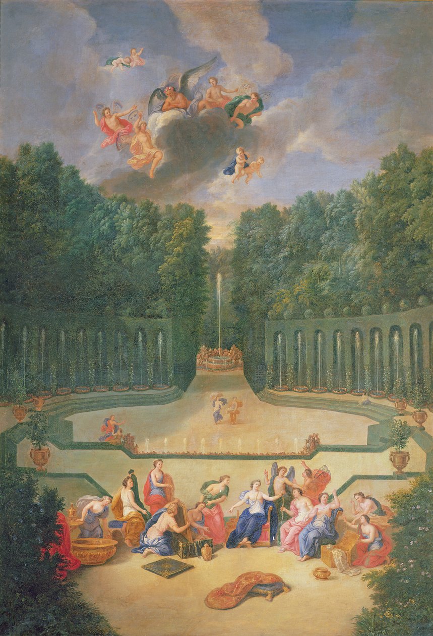 A versailles-i ligetek. Kilátás az amfiteátrumra és a vízi színházra a Vénusszal, órákkal körülvéve az Uránusz jelenlétében alkotó: Jean the Younger Cotelle