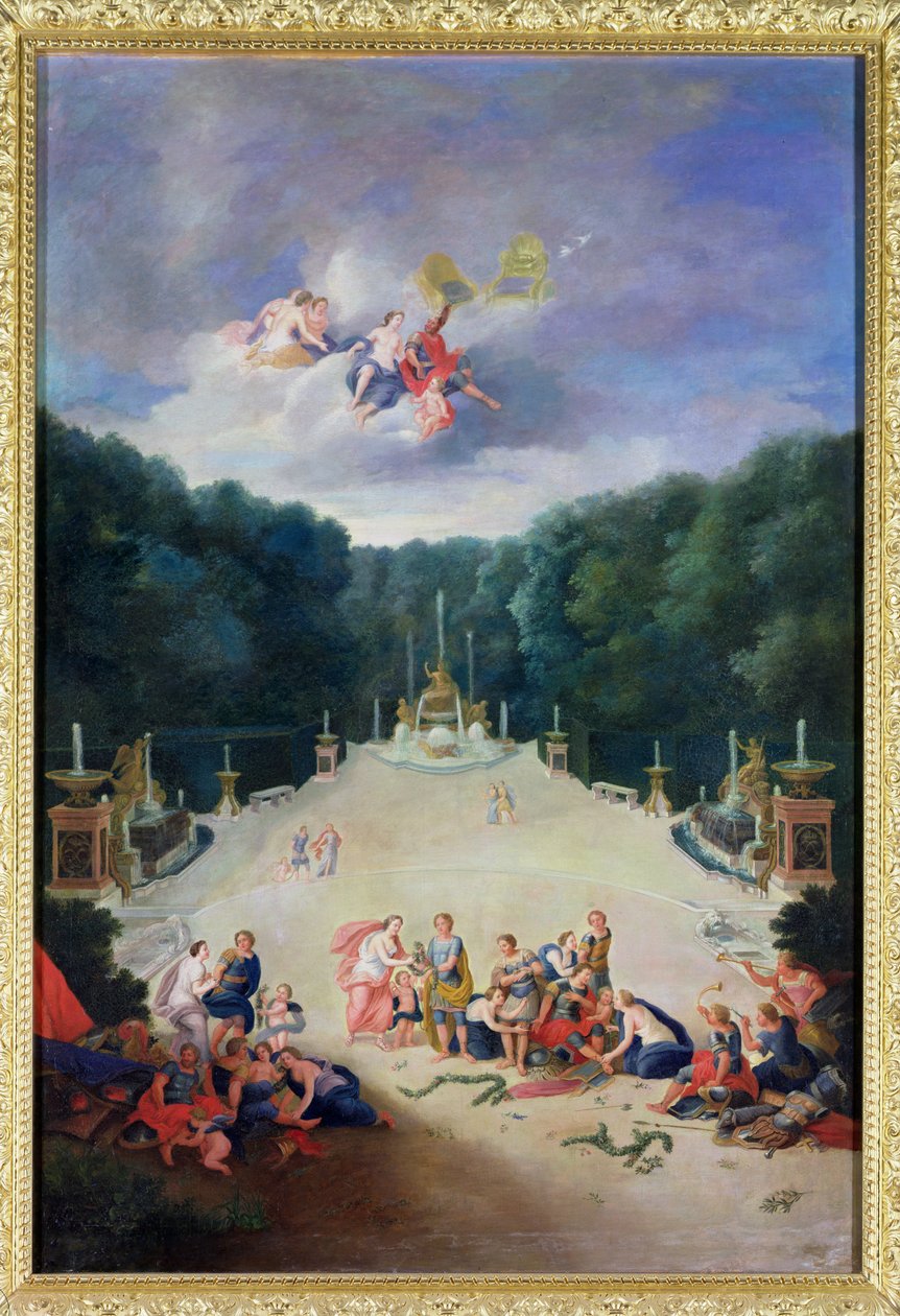 A versailles-i ligetek. Kilátás a Diadalívre és Franciaország diadalmaskodó nimfákkal, akik foglyokat láncolnak a Vénusz és a Mars előtt, 1688 alkotó: Jean the Younger Cotelle