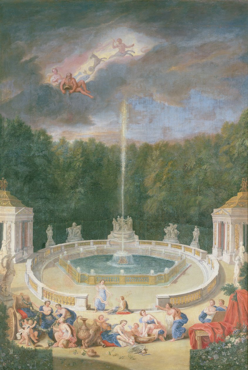 A versailles-i ligetek. Kilátás a kupolák ligetére, nimfákkal, akik virággal díszítik Apollón szekerét alkotó: Jean the Younger Cotelle