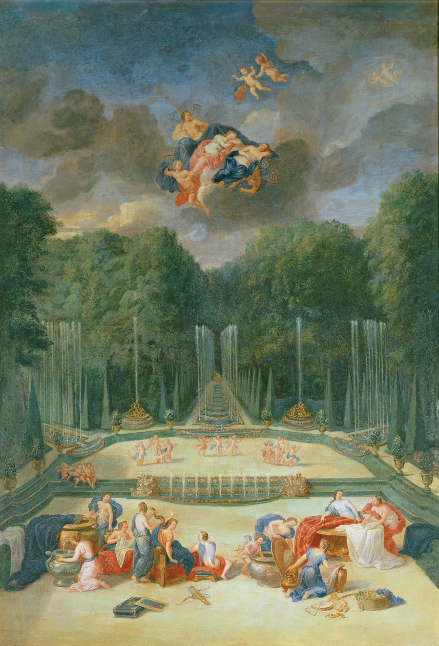 A versailles-i ligetek. Kilátás a Víz Színházára a Psyche fogadására váró nimfákkal alkotó: Jean the Younger Cotelle