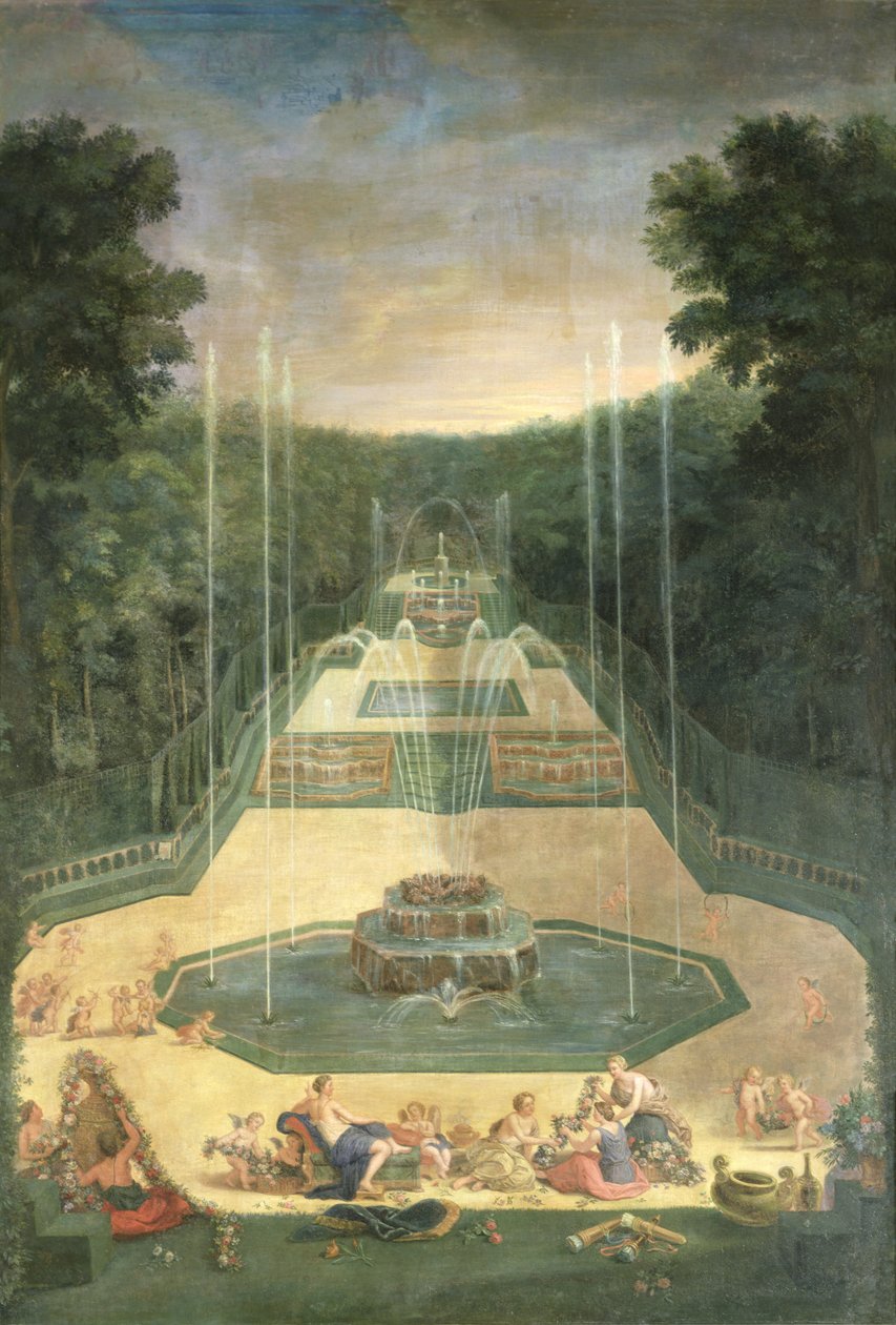 A versailles-i ligetek. Kilátás a három szökőkútra, Vénusszal és íjakkal és nyilakkal gyakorló kerubokkal, 1688 alkotó: Jean the Younger Cotelle