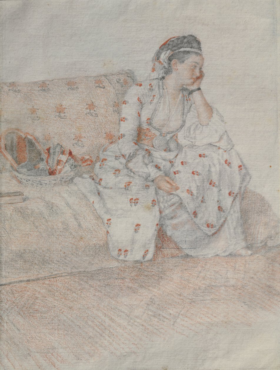 Coventry grófnője török jelmezben (piros kréta és ceruza papíron) alkotó: Jean Étienne Liotard