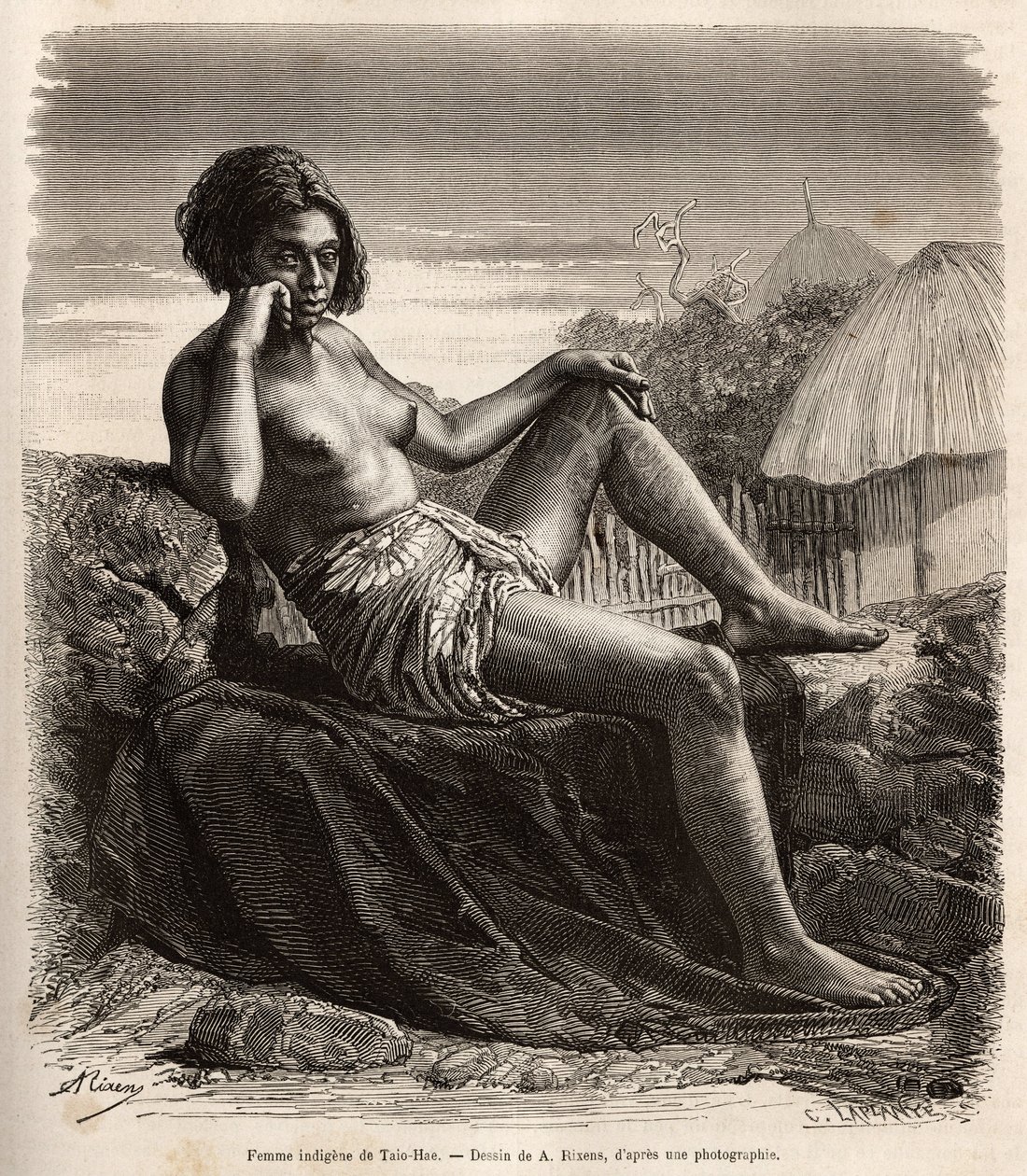 A márkiek szigetvilágában élő Taio-Hae (vagy Taio Hae) bennszülött asszonya, tetovált lábait közönyösen megmutatva, A.Rixens 1872-1874-es Csendes-óceáni emlékeit illusztráló rajza nyomán A. Pailhes, egy hajótábla, amelyet a „Le t alkotó: Jean Andre Rixens