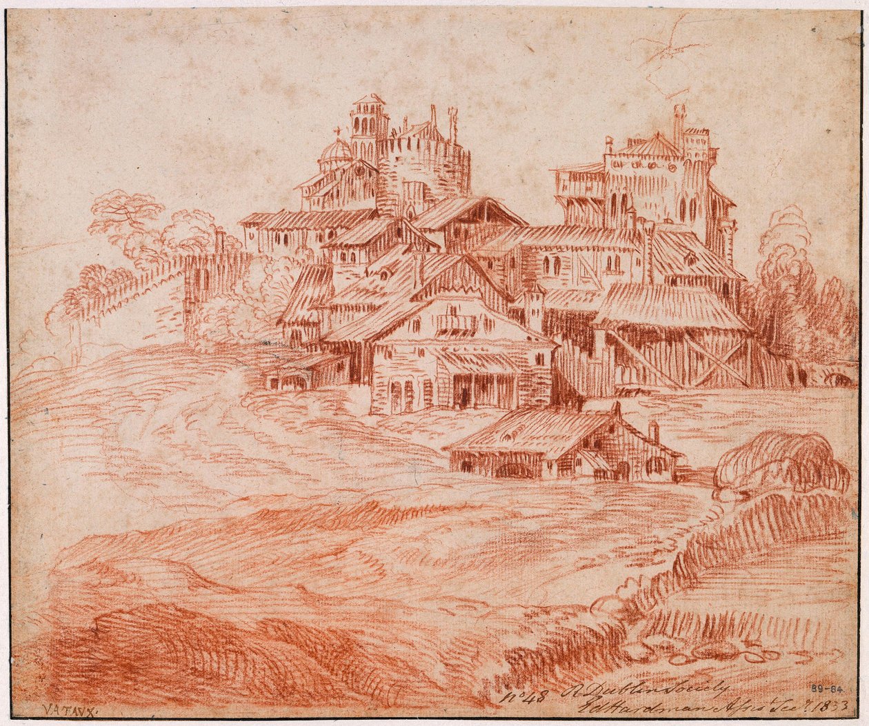 Befestigtes Dorf mit Burg, Bergfried und Kirche alkotó: Jean-Antoine Watteau