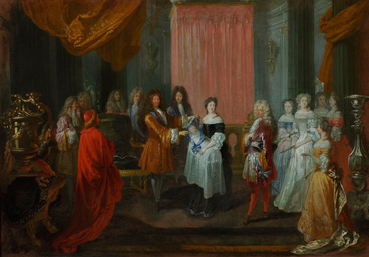 XIV. Lajos a Cordon Bleu-renddel tünteti ki a burgundiai herceget, a későbbi XV. Lajos apját. alkotó: Jean-Antoine Watteau