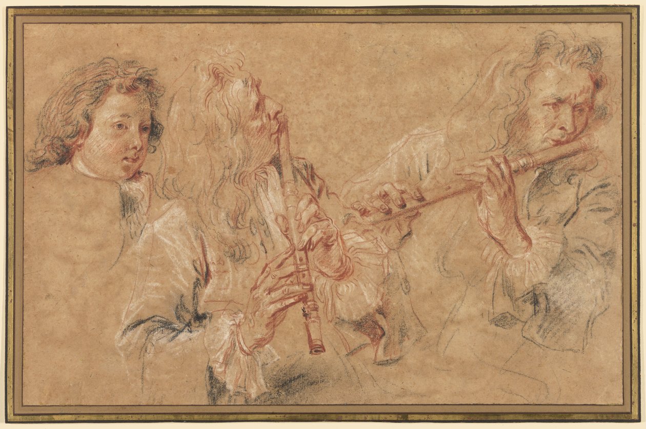 Két tanulmány egy fuvolásról és egy fiú fejének tanulmánya alkotó: Jean-Antoine Watteau