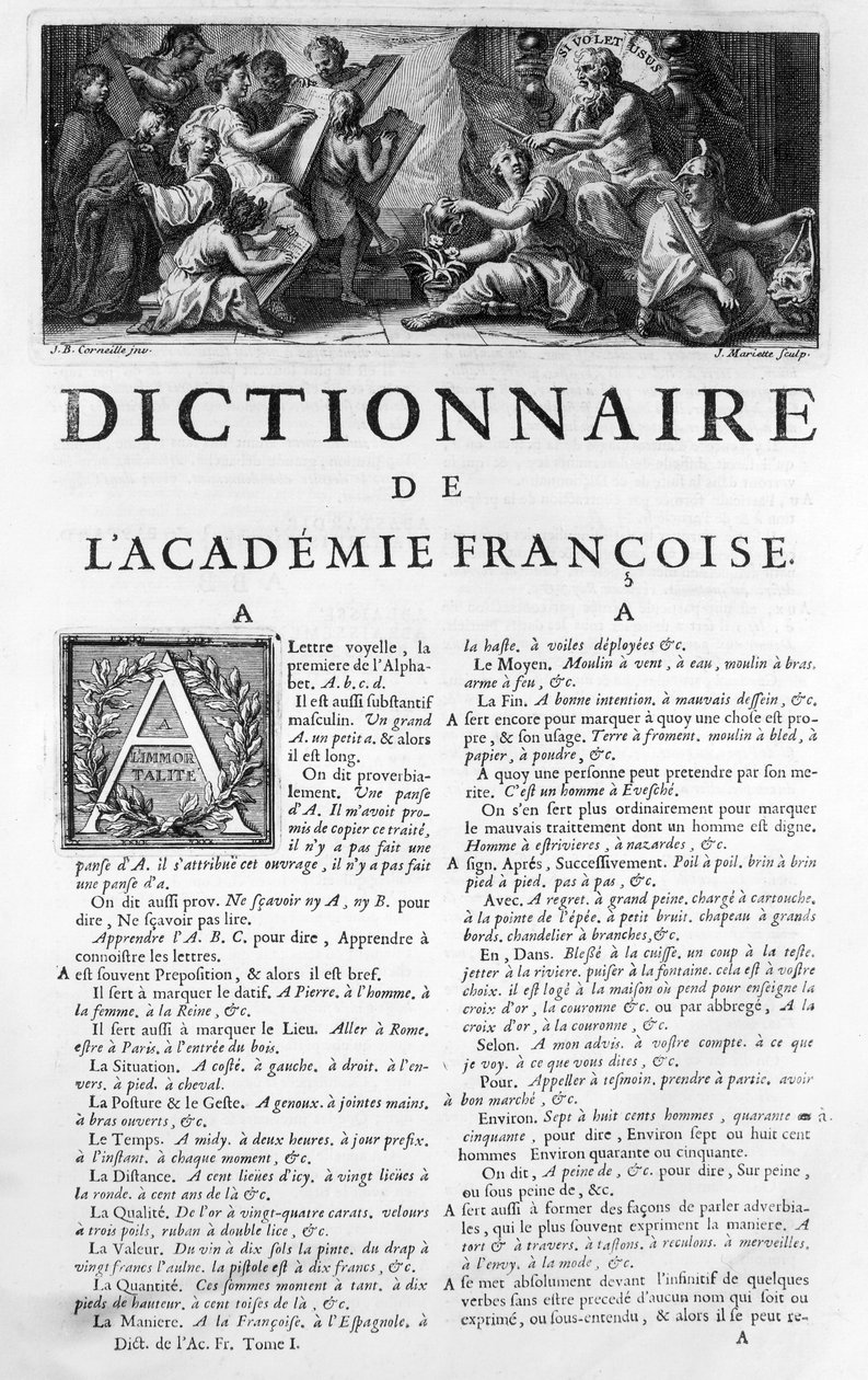 A Francia Akadémia szótárának előlapja, vésette Jean Mariette (1660-1742) alkotó: Jean Baptiste Corneille