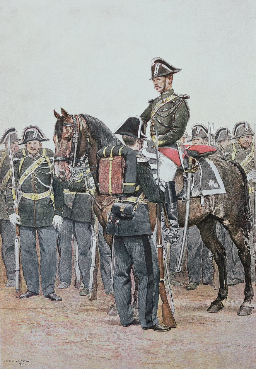 Csendőrség teljes egyenruhában, 1887 (színes metszet) alkotó: Jean Baptiste Edouard Detaille