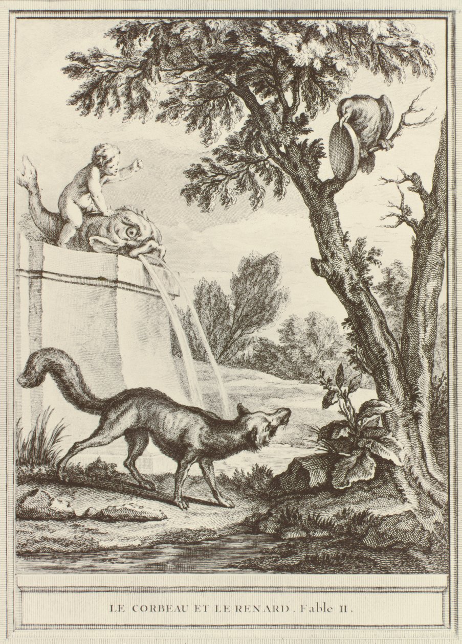 A róka és a varjú, Jean de la Fontaine „Fables Choisies, mises en vers” című művéből, Charles Nicolas Cochin metszetében, 1755-1759 között alkotó: Jean Baptiste Oudry