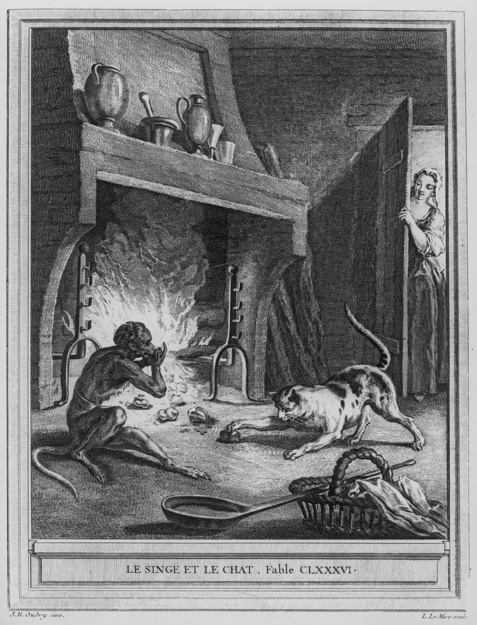 A majom és a macska, illusztráció Jean de La Fontaine (1621-95) „Fables”-jához, vésette Louis Le Mire (1736-57) alkotó: Jean Baptiste Oudry