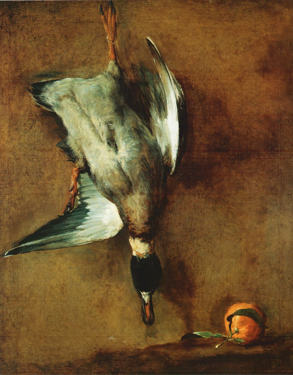 A falhoz erősített zöld gallérkacsa és egy bigarad alkotó: Jean Baptiste Simeon Chardin