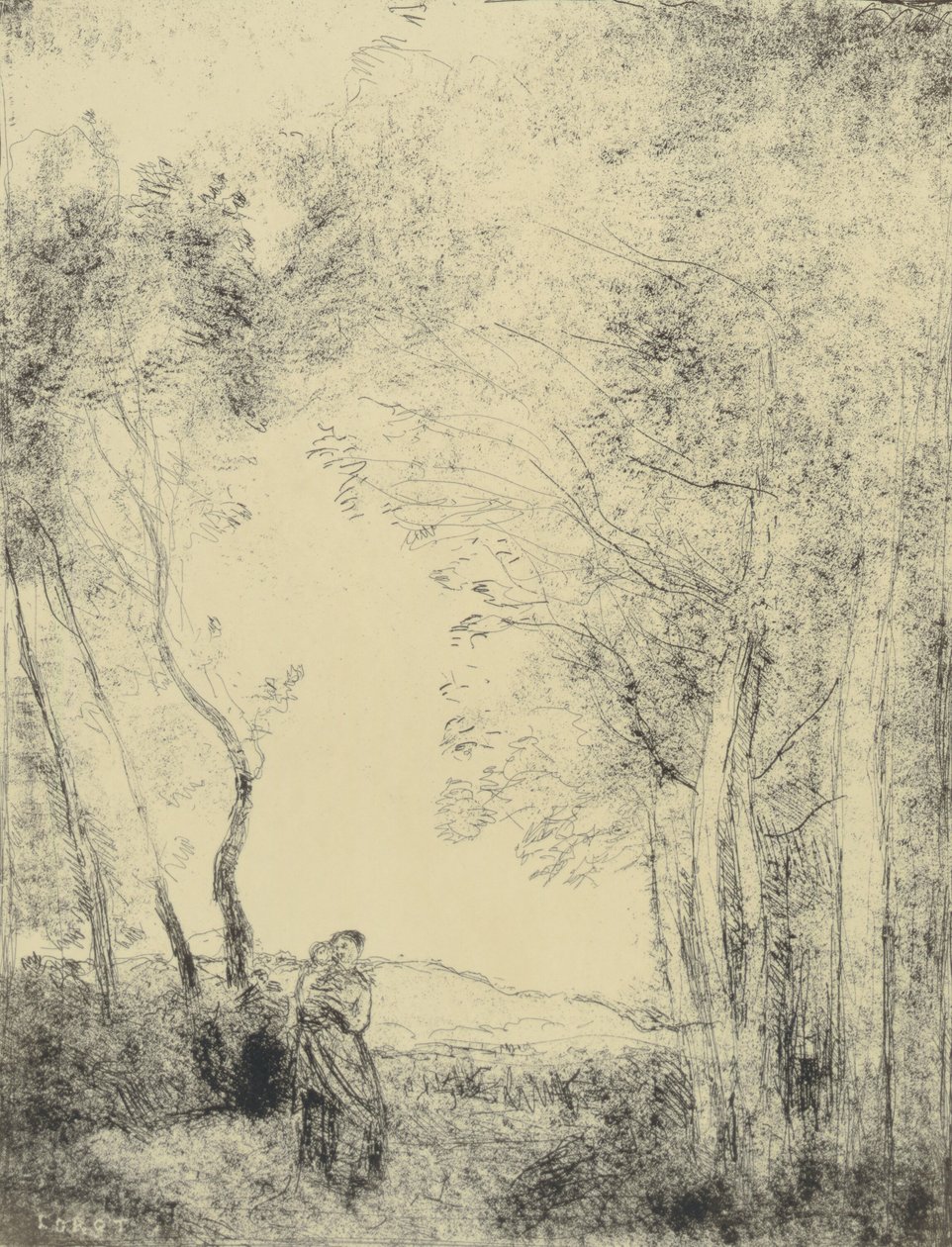 Fiatal anya az erdő bejáratánál alkotó: Jean-Baptiste-Camille Corot