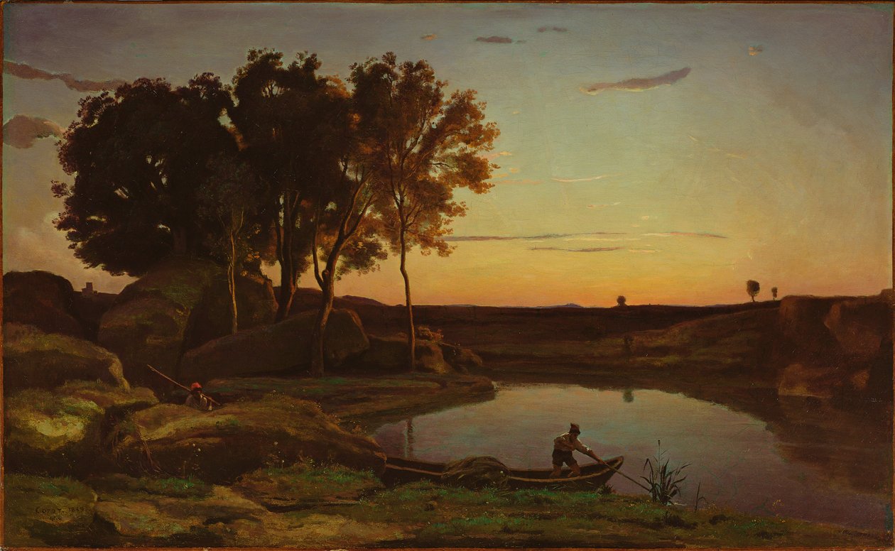 Táj tóval és csónakossal alkotó: Jean-Baptiste-Camille Corot