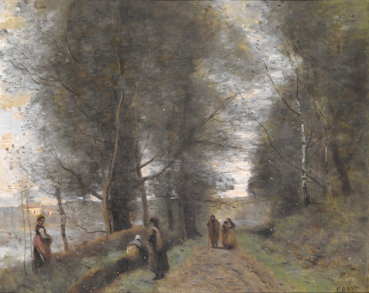 Ville d’Avray, a tó partján húzódó erdei ösvény alkotó: Jean-Baptiste-Camille Corot
