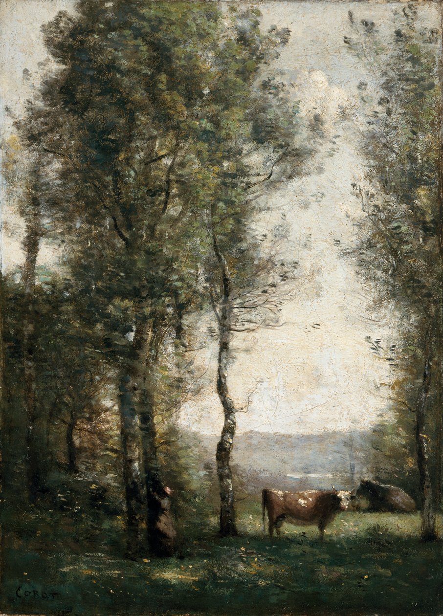 Fás táj, tehenekkel a tisztáson alkotó: Jean-Baptiste-Camille Corot